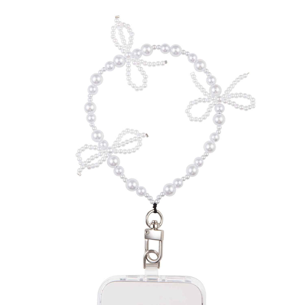 White Pearl-Style Bow Phone Wristlet – Silver-Tone Fittings