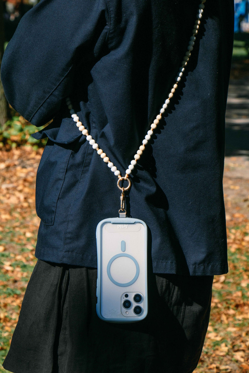 Neutral Wooden-Bead Crossbody Phone Strap