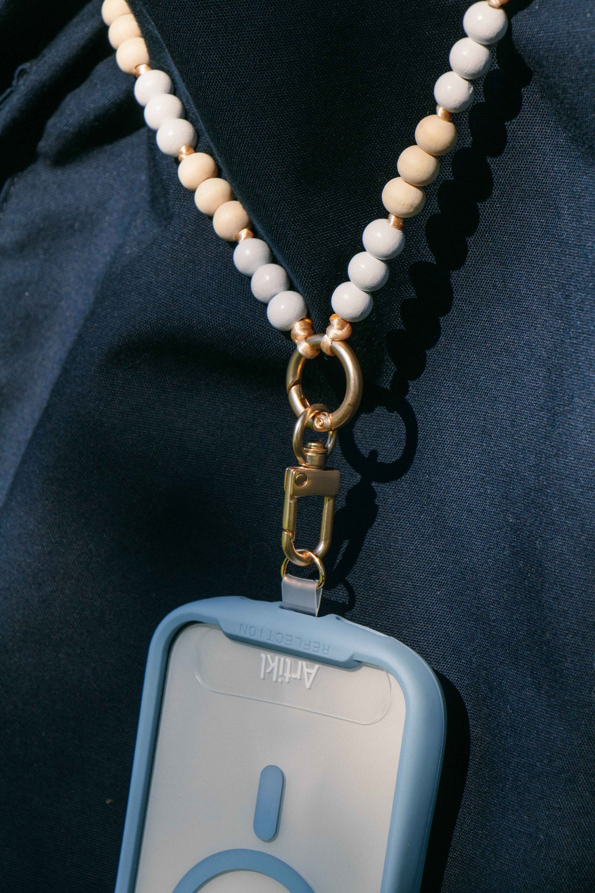 Neutral Wooden-Bead Crossbody Phone Strap